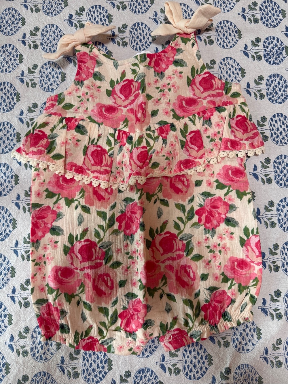 Mud pie Floral Pink & Cream Baby Girl Romper with Tie Straps